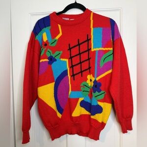 Tail Red and Multicolor Abstract Wool Sweater Vintage 90s, Size M